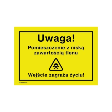 Uwaga, pomieszczenie z niską zawartością tlenu - tabliczka ostrzegawcza wym. 250x175mm - PVC - druk UV - BHP174