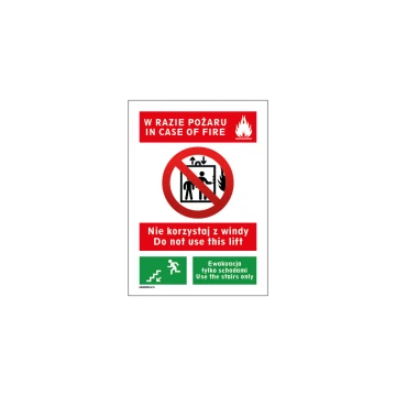 W razie pożaru nie korzystać z windy - tabliczka wym. 150x210mm - PVC - kolorowy druk UV - BHP095