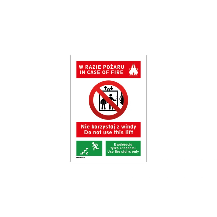 W razie pożaru nie korzystać z windy - tabliczka wym. 150x210mm - PVC - kolorowy druk UV - BHP095