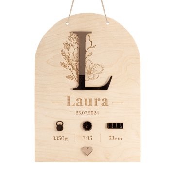 Drewniana metryczka z grawerem - różowy akryl lustrzany - wym. 210x290mm - MET013