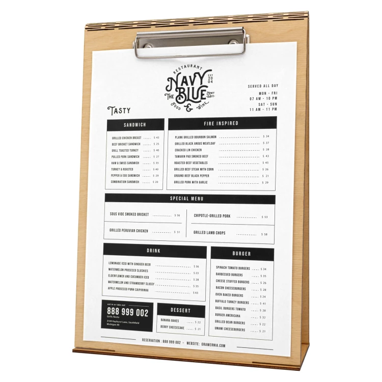 Dwustronny drewniany stojak Menu z klipsem (format A4) - wym. 23x34 cm - ST087