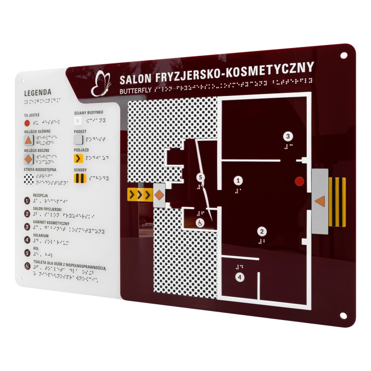 Plan tyflograficzny z pismem Braille'a - tworzywo ADA, 3D doming, laminat i akryl - wym. 530x350 mm - TAB696