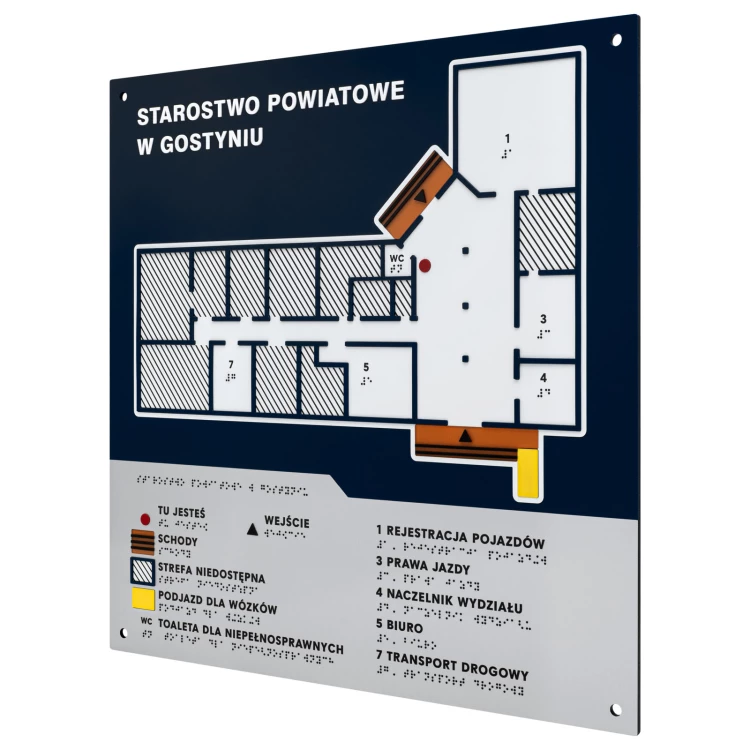 Plan tyflograficzny z pismem Braille'a - PVC twarde, tworzywo ADA, laminat i akryl - wym. 475x480 mm - TAB675