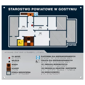 Plan tyflograficzny z pismem Braille'a - PVC twarde, tworzywo ADA, laminat i akryl - wym. 480x440 mm - TAB676