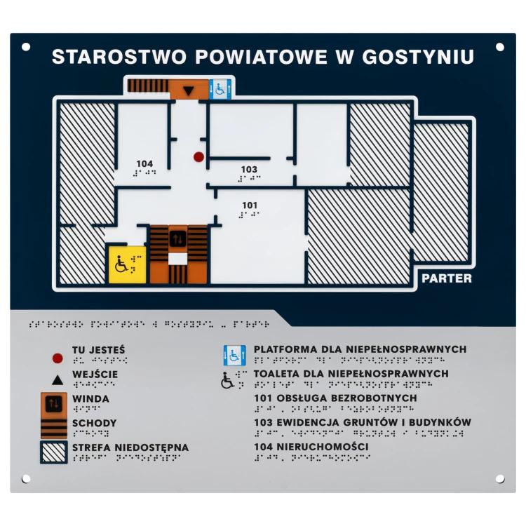 Plan tyflograficzny z pismem Braille'a - PVC twarde, tworzywo ADA, laminat i akryl - wym. 480x440 mm - TAB676