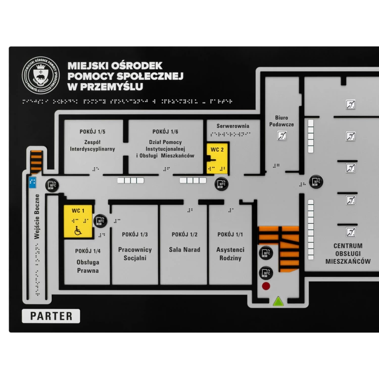 Plan tyflograficzny z pismem Braille'a i NFC - Twarde PVC, tworzywo ADA, 3D doming, laminat i akryl - wym. 900x440 mm - TAB678