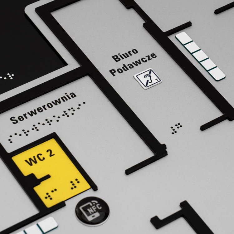 Plan tyflograficzny z pismem Braille'a i NFC - Twarde PVC, tworzywo ADA, 3D doming, laminat i akryl - wym. 900x440 mm - TAB678