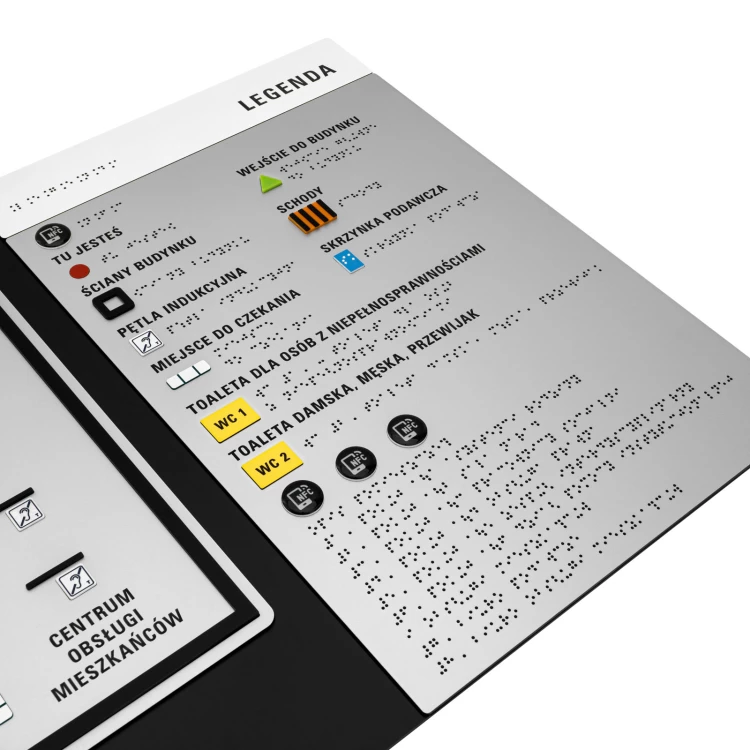 Plan tyflograficzny z pismem Braille'a i NFC - Twarde PVC, tworzywo ADA, 3D doming, laminat i akryl - wym. 900x440 mm - TAB678