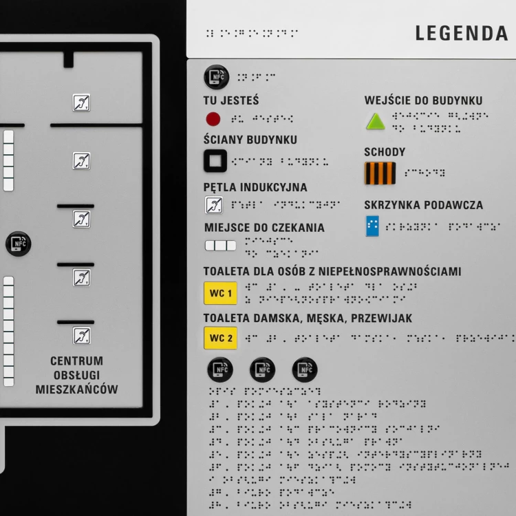 Plan tyflograficzny z pismem Braille'a i NFC - Twarde PVC, tworzywo ADA, 3D doming, laminat i akryl - wym. 900x440 mm - TAB678