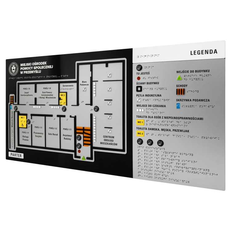 Plan tyflograficzny z pismem Braille'a i NFC - Twarde PVC, tworzywo ADA, 3D doming, laminat i akryl - wym. 900x440 mm - TAB678