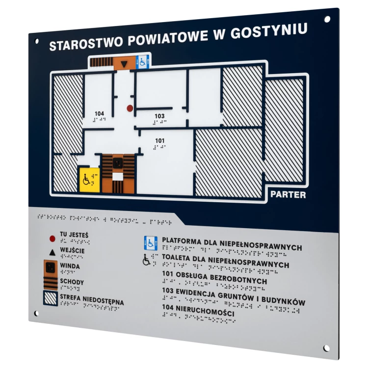 Plan tyflograficzny z pismem Braille'a - PVC twarde, tworzywo ADA, laminat i akryl - wym. 480x440 mm - TAB676