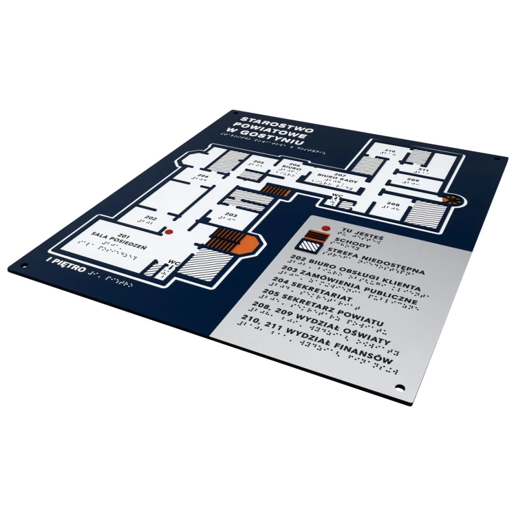 Plan tyflograficzny z pismem Braille'a - PVC twarde, tworzywo ADA, laminat i akryl - wym. 450x520 mm - TAB677