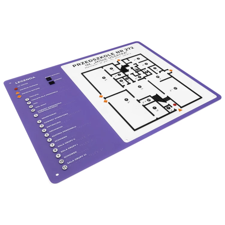 Plan tyflograficzny z pismem Braille'a - tworzywo ADA, 3D doming, laminat i akryl - wym. 690x450 mm - TAB680