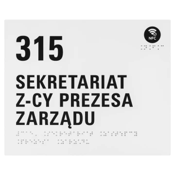 Sekretariat z-cy prezesa zarządu - tabliczka z NFC, pismem Braille'a i dowolną numeracją - biały akryl - wym. 220x180mm - TAB660