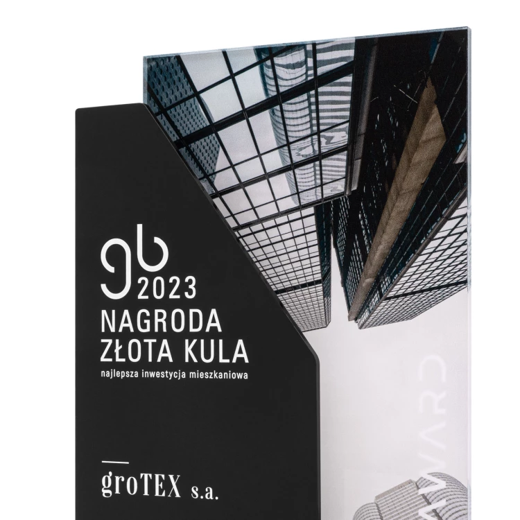 Nagroda biznesowa z nadrukiem UV - grafitowy akryl lustrzany - wys. 24 cm - DTA140