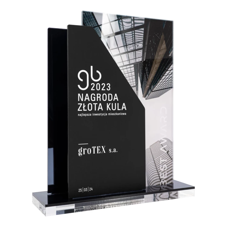 Nagroda biznesowa z nadrukiem UV - grafitowy akryl lustrzany - wys. 24 cm - DTA140