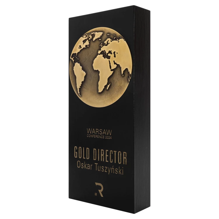 Statuetka biznesowa Golden World - drewno i mosiądz - wys. 23 cm - DTA167