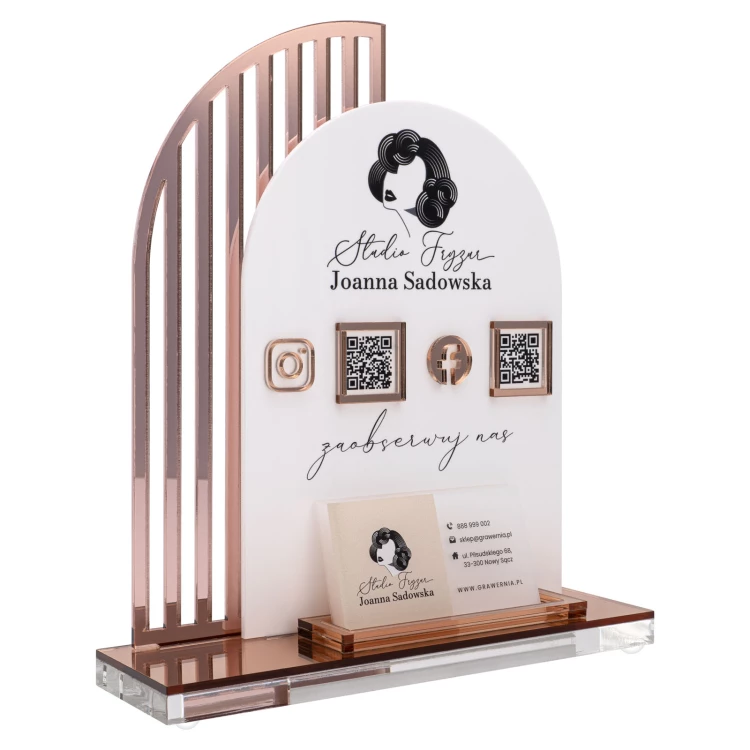 Tabliczka social media z kodami QR i miejscem na wizytówki - wys. 23 cm - ST086