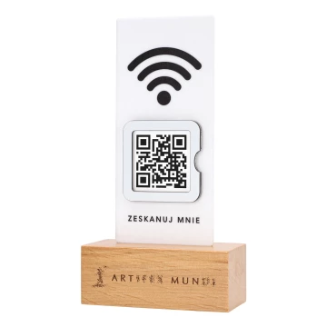 Stojak WiFi z kodem QR - biały akryl na drewnianym postumencie - ST057