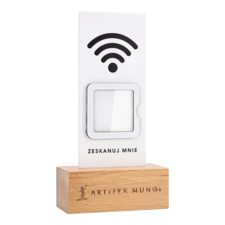 Stojak WiFi z kodem QR - biały akryl na drewnianym postumencie - ST057