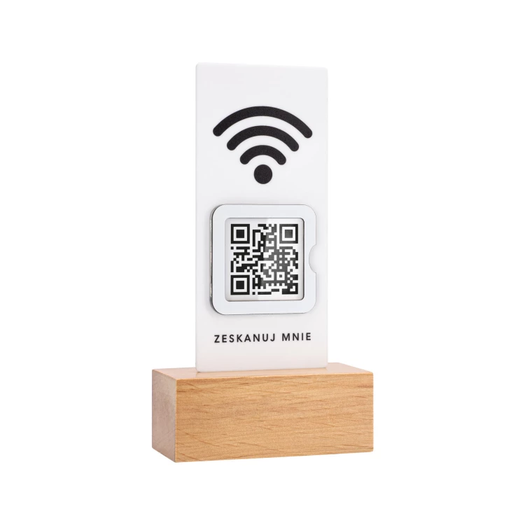 Stojak WiFi z kodem QR - biały akryl na drewnianym postumencie - ST057