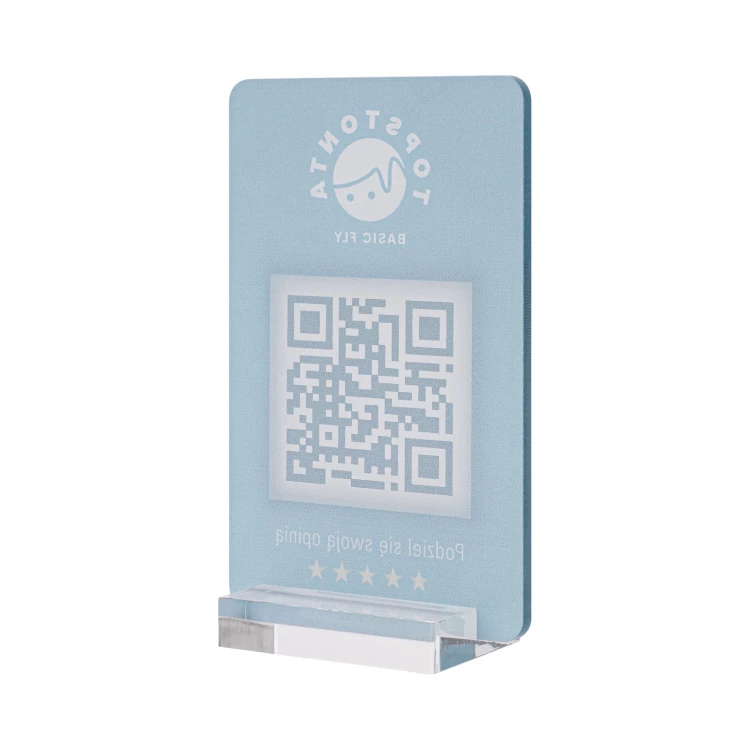 Stojak informacyjny z kodem QR - akryl transparentny z nadrukiem UV - wym. 55x95mm - ST062