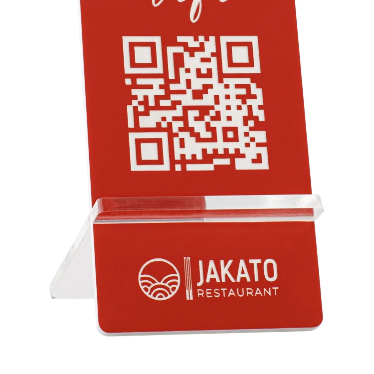 Stojak informacyjny z kodem QR - czerwony laminat grawerski - wym. 50x110mm - ST059