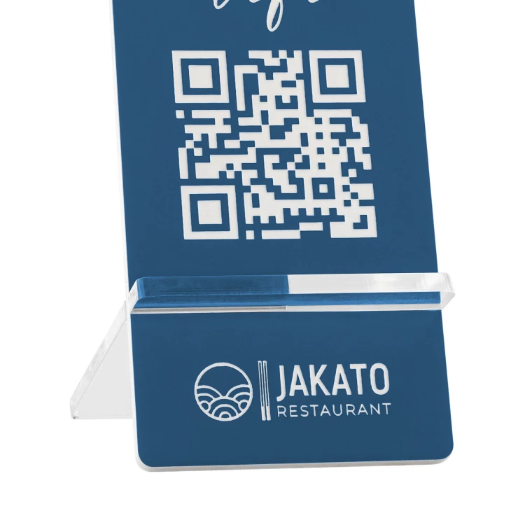 Stojak informacyjny z kodem QR - niebieski laminat grawerski - wym. 50x110mm - ST060