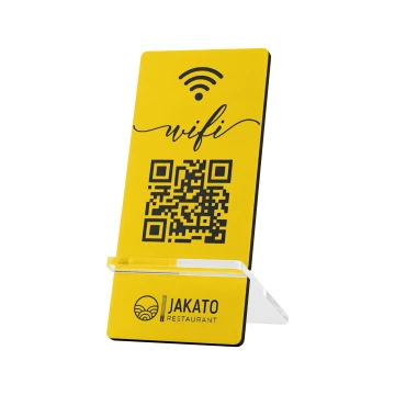 Stojak informacyjny z kodem QR - żółty laminat grawerski - wym. 50x110mm - ST065