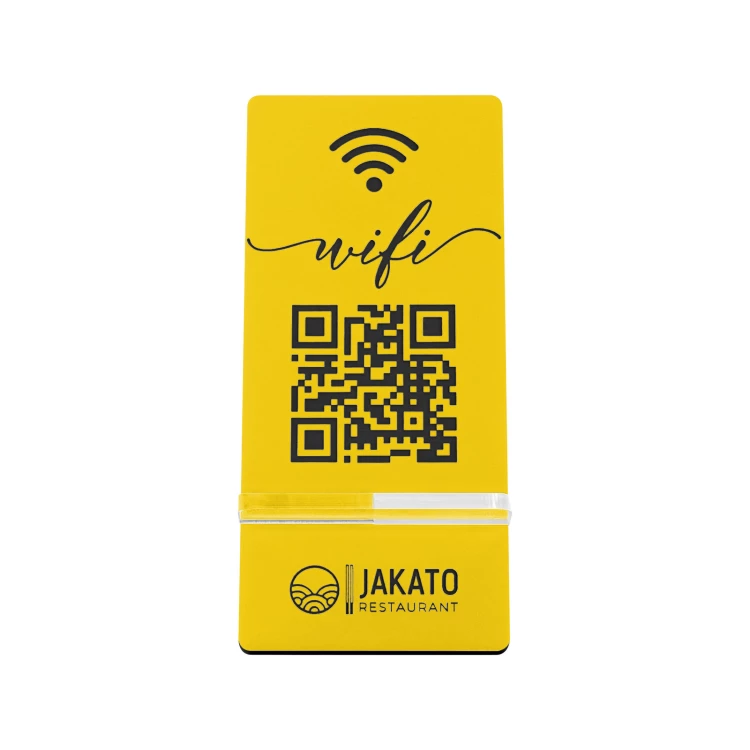 Stojak informacyjny z kodem QR - żółty laminat grawerski - wym. 50x110mm - ST065