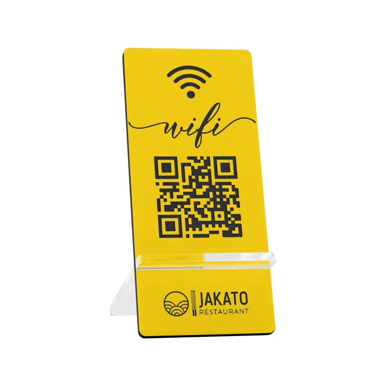 Stojak informacyjny z kodem QR - żółty laminat grawerski - wym. 50x110mm - ST065