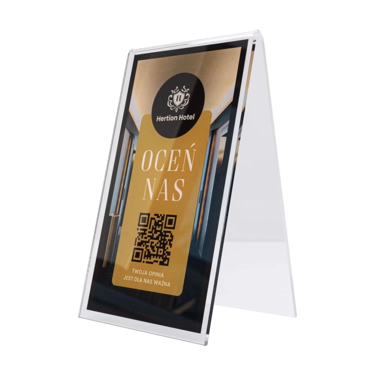 Stojak informacyjny z kodem QR - transparentny akryl z nadrukiem UV - wym. 100x175mm - ST068