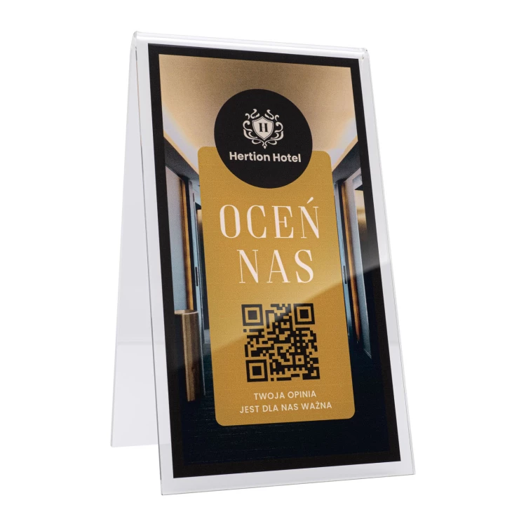 Stojak informacyjny z kodem QR - transparentny akryl z nadrukiem UV - wym. 100x175mm - ST068