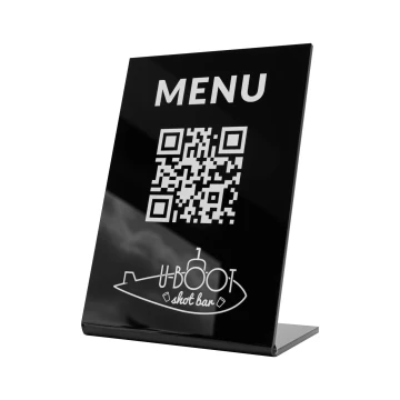 Stojak Menu z kodem QR - czarny akryl z nadrukiem UV - wym. 100x150mm - ST069