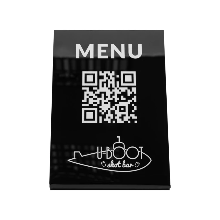 Stojak Menu z kodem QR - czarny akryl z nadrukiem UV - wym. 100x150mm - ST069