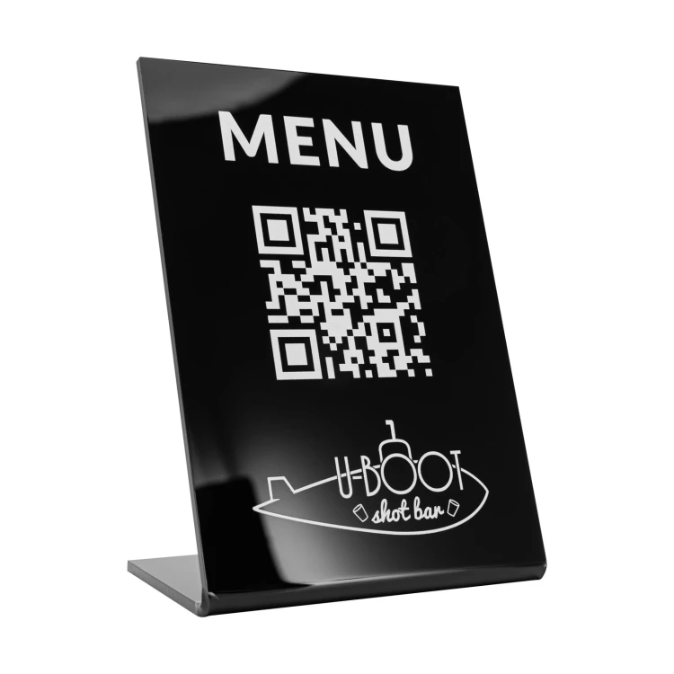 Stojak Menu z kodem QR - czarny akryl z nadrukiem UV - wym. 100x150mm - ST069