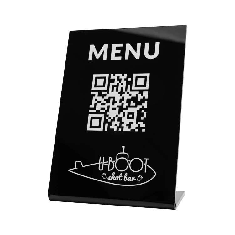 Stojak Menu z kodem QR - czarny akryl z nadrukiem UV - wym. 100x150mm - ST069