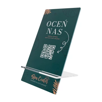 Stojak informacyjny z kodem QR - biały akryl z nadrukiem UV - wym. 90x175mm - ST070