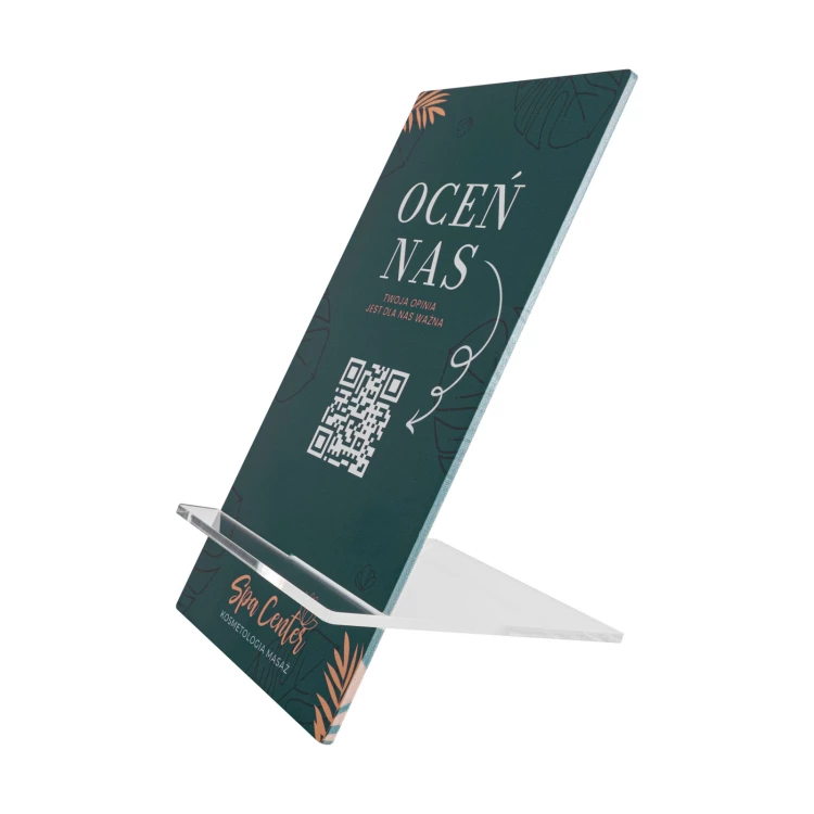 Stojak informacyjny z kodem QR - biały akryl z nadrukiem UV - wym. 90x175mm - ST070