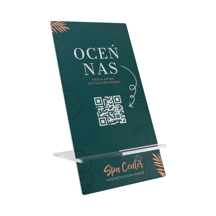 Stojak informacyjny z kodem QR - biały akryl z nadrukiem UV - wym. 90x175mm - ST070