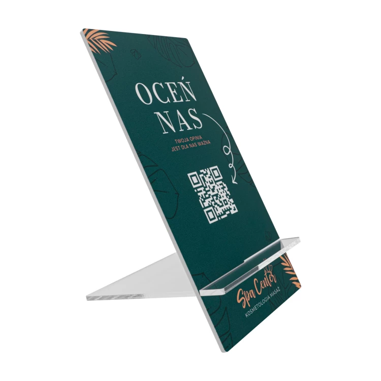 Stojak informacyjny z kodem QR - biały akryl z nadrukiem UV - wym. 90x175mm - ST070