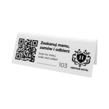 Stojak informacyjny z kodem QR - biały akryl z nadrukiem UV - wym. 120x50mm - ST079