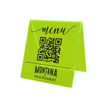 Stojak Menu z kodem QR - neonowy zielony akryl z nadrukiem UV - wym. 90x100mm - ST072