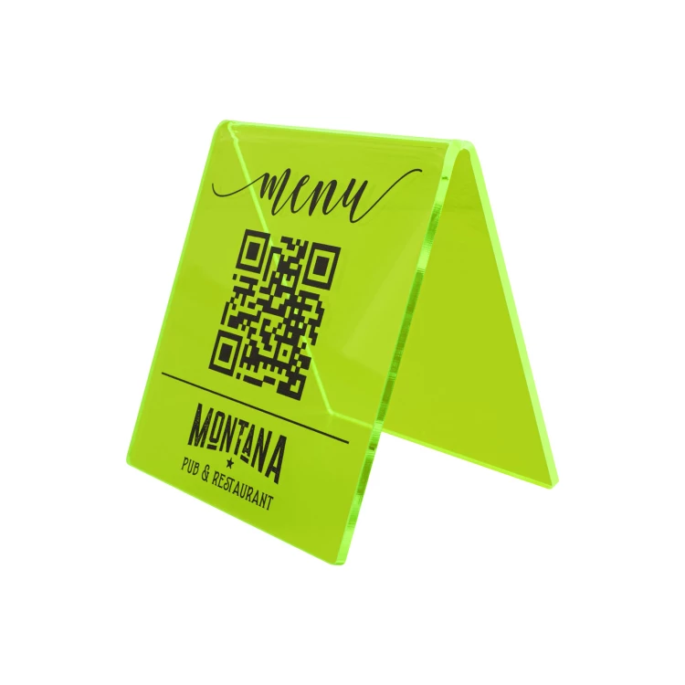 Stojak Menu z kodem QR - neonowy zielony akryl z nadrukiem UV - wym. 90x100mm - ST072