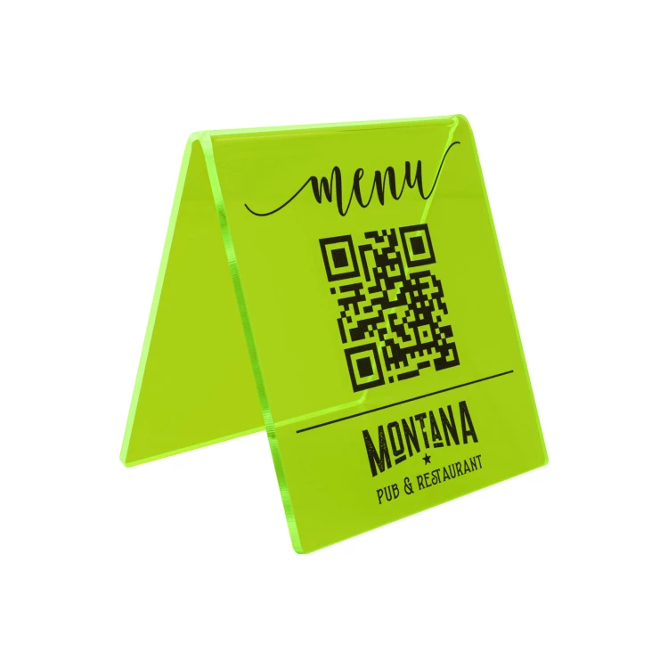 Stojak Menu z kodem QR - neonowy zielony akryl z nadrukiem UV - wym. 90x100mm - ST072
