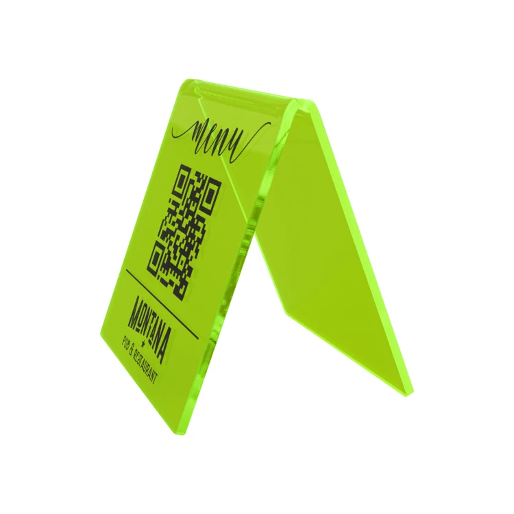Stojak Menu z kodem QR - neonowy zielony akryl z nadrukiem UV - wym. 90x100mm - ST072