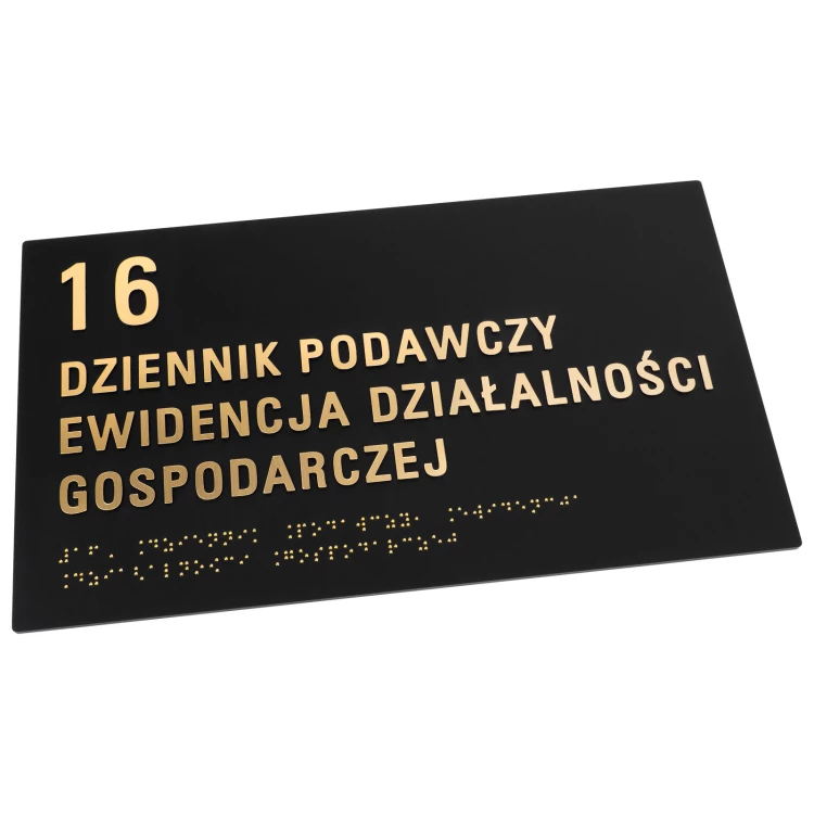 Tabliczka z pismem Braille'a - czarny matowy akryl i złote wypukłe litery - wym. 310x180mm - TAB603