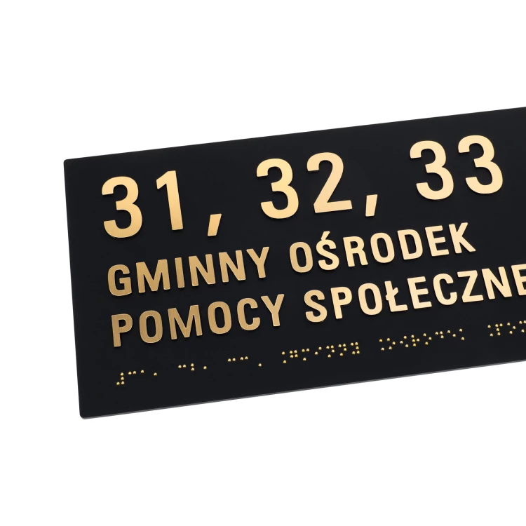 Tabliczka z pismem Braille'a - czarny matowy akryl i złote wypukłe litery - wym. 340x110mm - TAB605