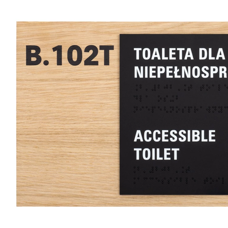 Toaleta dla osób niepełnosprawnych - tabliczka z pismem Braille'a - płyta fornirowana dąb - wym. 282x182mm - TAB621