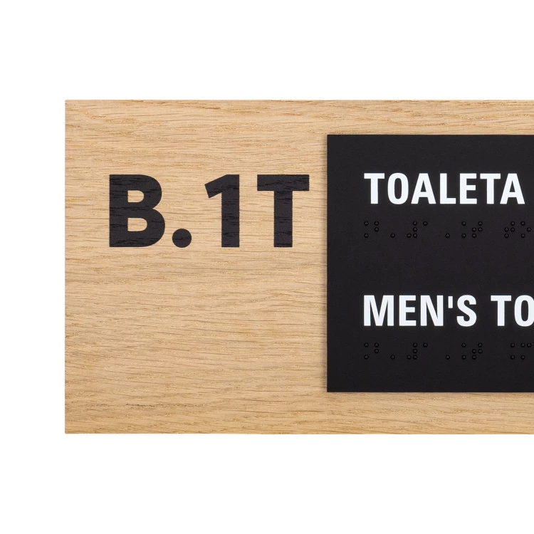 Toaleta męska - tabliczka z pismem Braille'a - płyta fornirowana dąb - wym. 282x118mm - TAB620